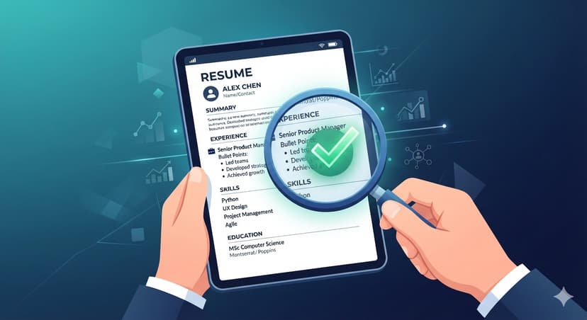 A hand holding a magnifying glass over a digital resume, symbolizing ATS analysis