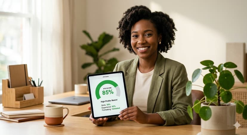 A job seeker reviewing an ATS score on a tablet while smiling