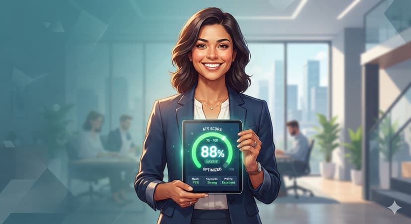 A person holding a tablet with a glowing ATS score meter, symbolizing instant resume evaluation