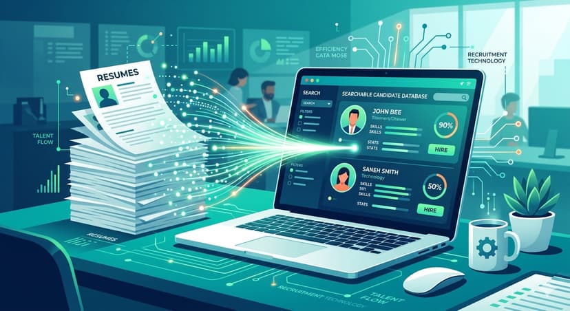 Illustration of a digital recruiting hub with stacked resumes turning into searchable data on a screen.