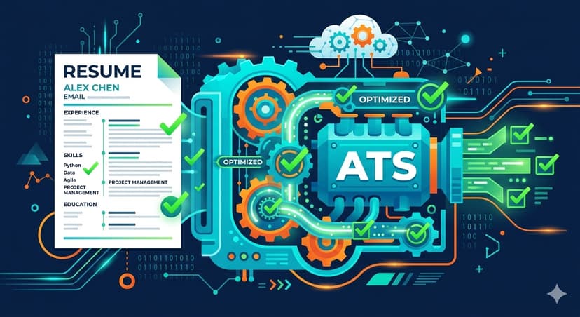 Illustration of a resume being analyzed by a digital ATS gear system, representing optimization before applying